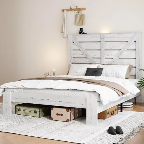 Vista 7 de Base de cama de tamaño matrimonial con cabecero, plataforma de estilo granja con luces LED, carga USB, sin somier, fácil montaje, marco de cama