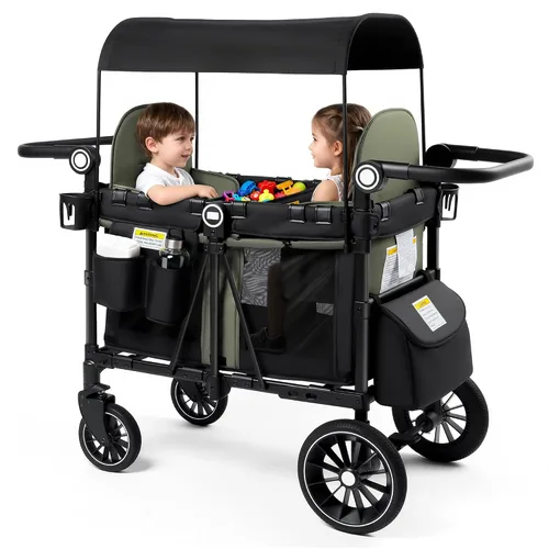 Vista 14 de Kinder King Cochecito Wagon para 4 niños, mango ajustable, gris