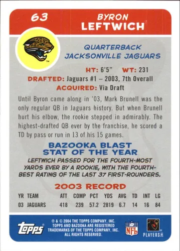 Vista 2 de 2004 Bazooka #63 Byron Leftwich NFL Football Trading Card