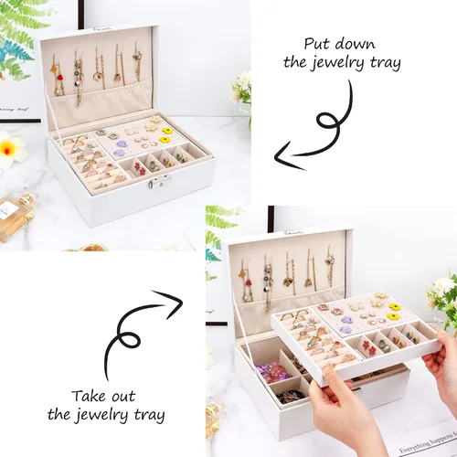 Vista 5 de DesignSter Joyero organizador con cerradura, 2 capas de piel sintética, soporte de joyería con bandeja extraíble para collares, aretes, anillos