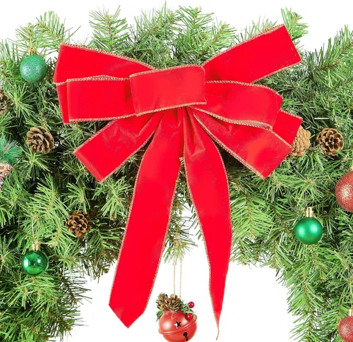 Vista 8 de Yaheetech 2 coronas artificiales grandes de Navidad de 48 pulgadas, decoración navideña preiluminada con lazo rojo, 200 luces LED y 720 puntas