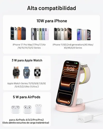 Vista 4 de Anlmz Estación de carga 3 en 1 - Cargador inalámbrico para múltiples Rosa