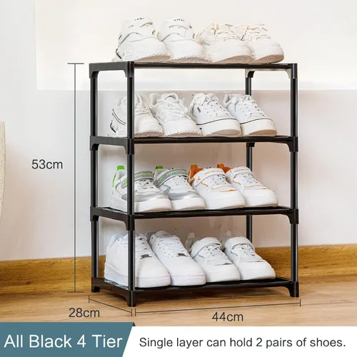 Vista 3 de Zapatero pequeño apilable para armario de 4 niveles, organizador resistente para puerta delantera, entrada y entrada, estante de metal para zapatos