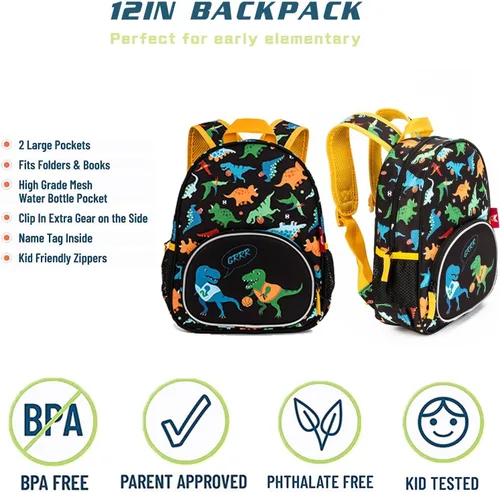 Vista 4 de Daaupus Mochila preescolar de 12 pulgadas, mochila para niños y niñas, perfecta para guardería y preescolar.., Dinosaurio, Mochila para niños