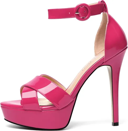 Vista 30 de MODENCOCO Sandalias de boda con correa de tobillo sexy para mujer, con plataforma y puntera abierta, tacón de aguja y tacón alto, zapatos de vestir