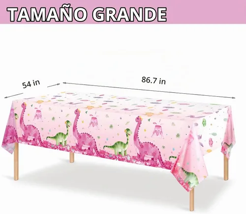 Vista 2 de Irenare 3 manteles de dinosaurio rosa para niñas, fundas de mesa rectangulares desechables de plástico con estampado de dinosaurios para niñas