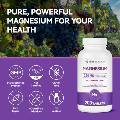 Vista 3 de Suplemento de magnesio puro de 250 mg con calcio, tabletas de magnesio de alta absorción para fuerza ósea, función muscular, relajación y apoyo