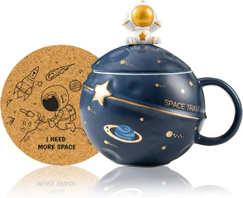 Vista 7 de Yalucky Taza Kawaii de Astronauta Copa Espacial con Planeta en Relieve, Linda Taza de Café de Cerámica, Taza Novedosa con Tapa y Cuchara para Café