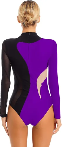Vista 32 de iiniim Leotardo de malla para mujer, con diamantes de imitación, de malla, de manga larga, leotardos de gimnasia