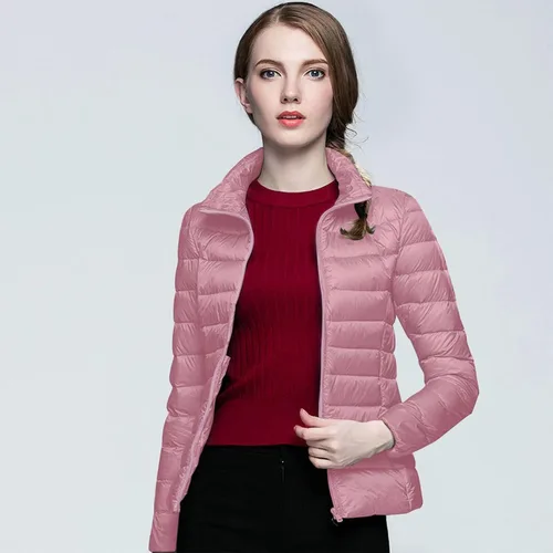 Vista 3 de Chaqueta acolchada plegable para mujer, ligera, de invierno, corta, de plumón, de pato, ajuste delgado, con cremallera, con capucha