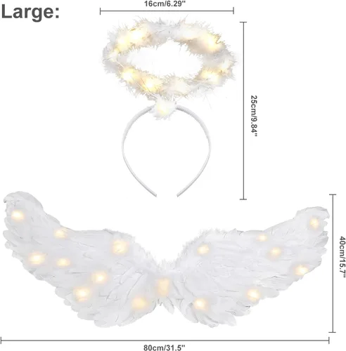Vista 4 de Alas de ángel, alas de ángel iluminadas y halo con luces LED, disfraz de alas de ángel blancas para adultos, mujeres, niños, Halloween, Navidad