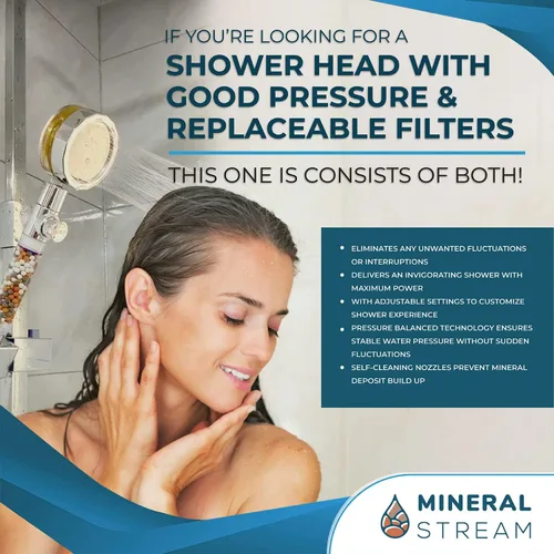 Vista 3 de MineralStream - Cabezal de ducha de mano de alta presión Turbo con piedras minerales para filtración, perfecto para cabello seco y piel, cabezal