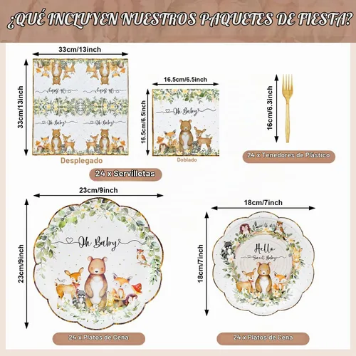 Vista 2 de Juego de vajilla de 96 piezas para baby shower, vajilla desechable de animales del bosque festoneado con platos de papel, servilletas y tenedores