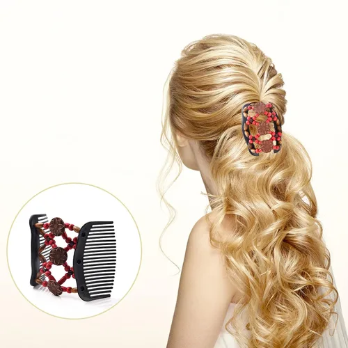 Vista 5 de Yeshan Peines Mágicos para el Cabello para Mujeres con Cuentas de Madera Elásticos Extensibles Dobles Peines Laterales Ajustables Clips Elásticos