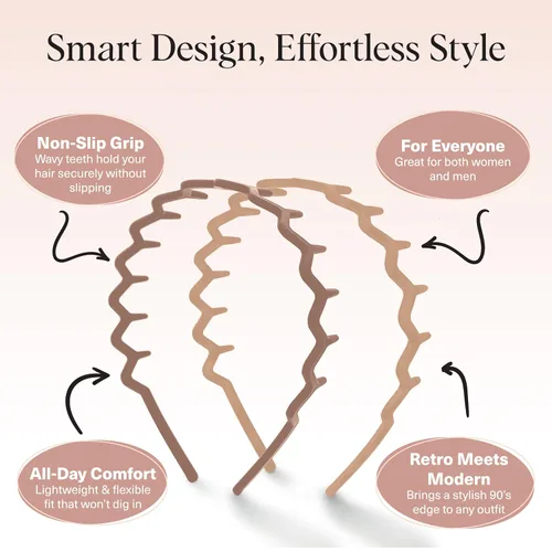 Vista 3 de Kitsch - Diademas de diseño Zig Zag, de plástico reciclado, para hombres y mujeres, clásica de los años 90, diadema ondulada con dientes, diademas