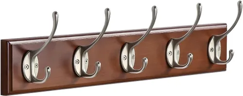 Vista 10 de Perchero de bambú para montaje en pared, 17 pulgadas, 4 ganchos dobles, paquete de 2, rosa y dorado