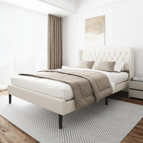 Vista 6 de HAOARA Base de cama tamaño Queen, plataforma tapizada con cabecera con respaldo de ala, botón de terciopelo, fácil montaje, no necesita somier, Beige