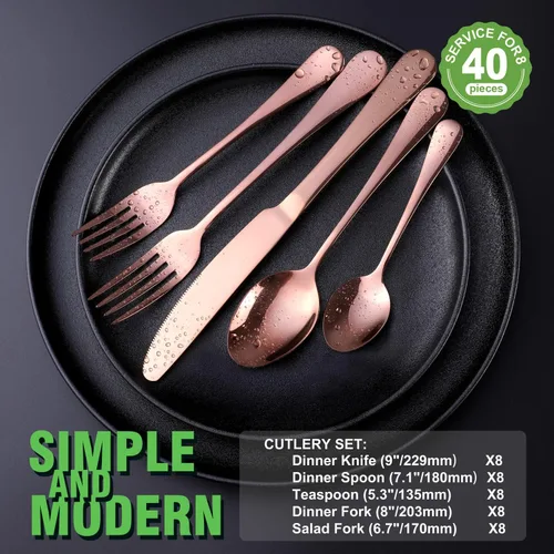 Vista 2 de OGORI - Juego de cubiertos de acero inoxidable de 40 piezas de cobre y oro rosa, juego de utensilios de cocina para 8, vajilla pulida con espejo