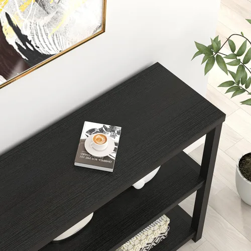 Vista 3 de FOLUBAN Mesa de entrada, moderna mesa consola de sofá con estante de almacenamiento de 3 niveles para sala de estar, pasillo, vestíbulo, roble negro