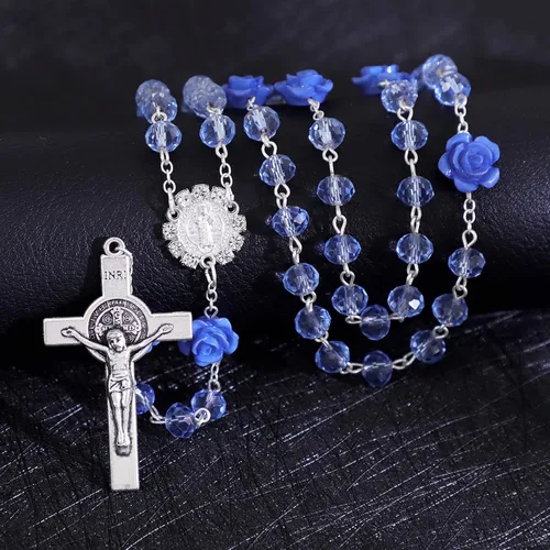 Vista 77 de KOMI Rosario de cuentas católicas para mujer, collar de cuentas de rosario con cruz de crucifijo, perlas de cristal, rosario, rosarios, católicos