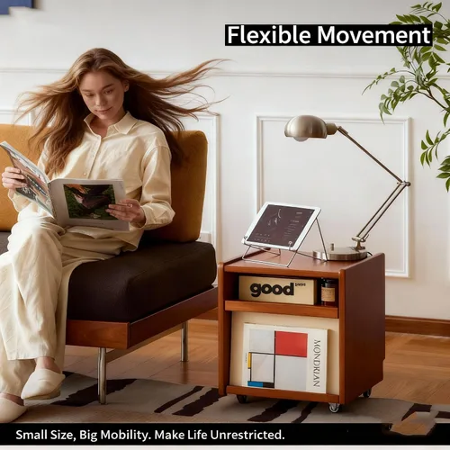 Vista 4 de Solid Wood Mobile Side Table with Wheels,Rolling Side Table with Storage,Unique Floating Design Storage Organizer for Bedroom, Living Room, Small
