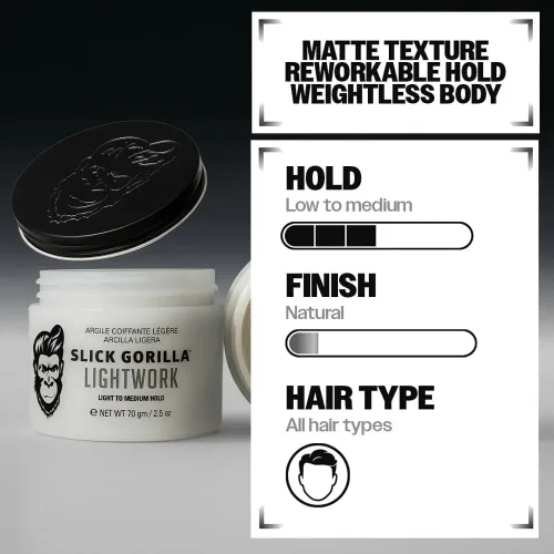 Vista 5 de Slick Gorilla Lightwork - Arcilla mate para el cabello para hombres, sujeción flexible, 2.5 onzas Arcilla mate a base de agua con caolín, manteca