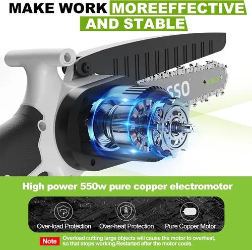 Vista 3 de Mini motosierra inalámbrica de 6 pulgadas, motosierra eléctrica con motor fuerte, 2 cadenas incluidas para recortar árboles, corte de ramas, claro