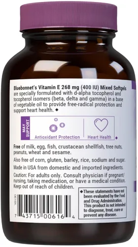 Vista 3 de Bluebonnet Nutrition Vitamina E 400 UI (268 mg) Cápsulas blandas mixtas de tocoferoles, portección de radicales libres y soporte cardiovascular, sin