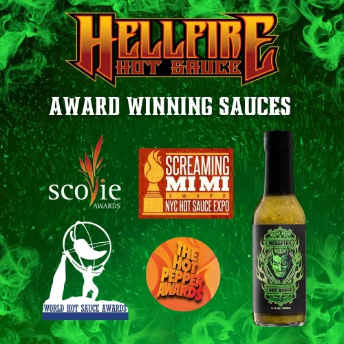 Vista 7 de Hellfire Hot Sauce Devil's Blend - Salsa Verde Gourmet picante picante de Carolina Reaper asada al fuego, presentada en el programa de televisión