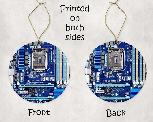 Vista 3 de Árbol de Navidad acrílico con procesador de placa base de computadora, color azul, para Navidad, árbol de Navidad para él, esposa, marido, impreso