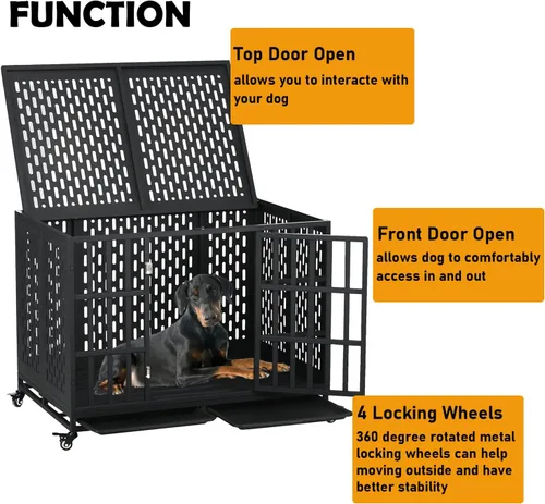 Vista 2 de Jaula resistente de 44 pulgadas para perros con ruedas, de acero indestructible a prueba de escapes, para perros de alta ansiedad, grandes