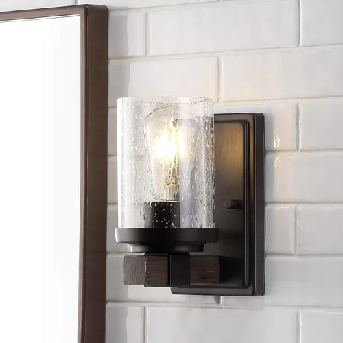 Vista 6 de JONATHAN Y Lámpara de tocador LED de bronce aceitado de 4.5 pulgadas, aplique rústico de granja, pantalla de vidrio sembrado transparente, lámpara