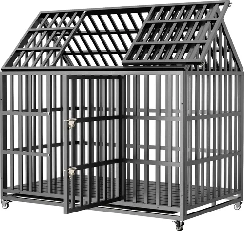 Vista 9 de Jaula extragrande para perros, jaula de hierro galvanizado resistente de 55 pulgadas, muebles con puerta delantera, puerta superior y 4 ruedas