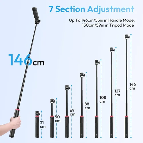 Vista 6 de ULANZI MT-71 Trípode selfie stick y mango de vlog con liberación rápida magnética y tornillo de 1/4 pulgadas, soporte de trípode ligero extensible