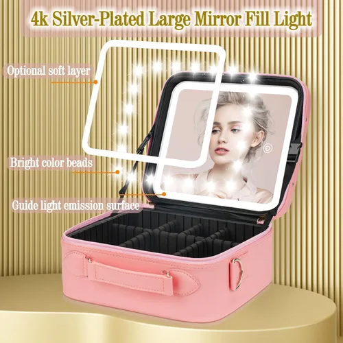 Vista 6 de Bolsa de Maquillaje de Viaje con Espejo Iluminado, Estuche de Maquillaje de Viaje con Divisores Ajustables, Estuche de Maquillaje Impermeable