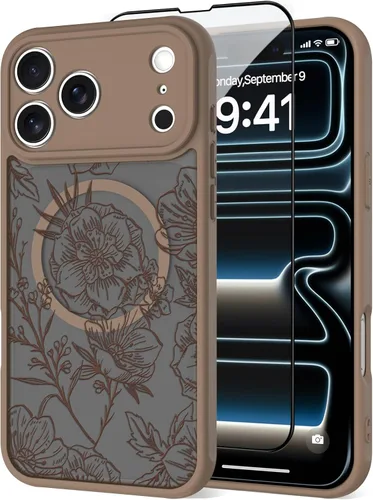 Vista 62 de OOK Funda magnética para iPhone 13 Pro Max [compatible con MagSafe] Funda delgada translúcida mate con flor silvestre negra, protección para lente
