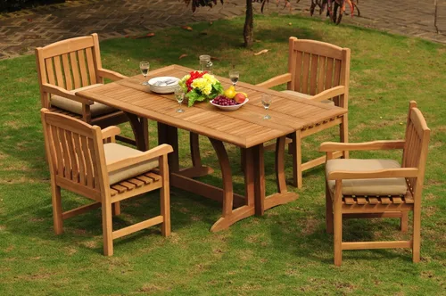 Vista 5 de Juego de comedor de 5 piezas de lujo de madera de teca grado A para exteriores, mesa rectangular plegable de 69 pulgadas de Warwick y 4 sillas Devon