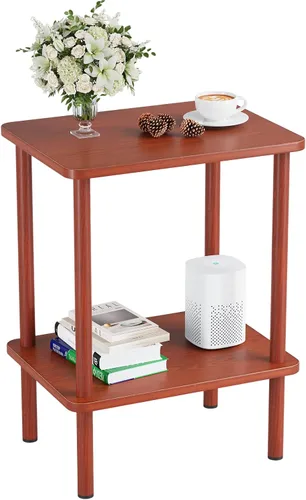 Vista 24 de Apicizon - Mesa auxiliar de 2 niveles, pequeña mesa auxiliar con patas de madera maciza, mesa de noche estilo boho con estante de almacenamiento