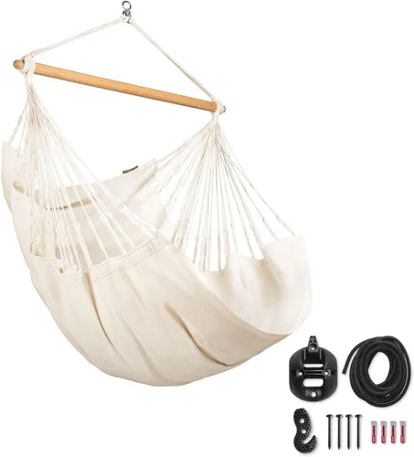 Vista 3 de LA SIESTA® - Silla Hamaca Grande y Cómoda de Algodón Habana & CasaMount - Silla Colgante con Kit de Suspensión para Paredes, Techos y Vigas Café