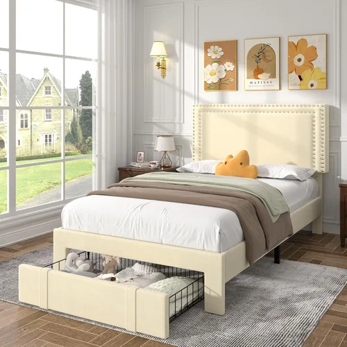 Vista 34 de VECELO Base de cama de plataforma de tamaño individual con cabecera tapizada de altura ajustable, base de colchón moderna, soporte de listones