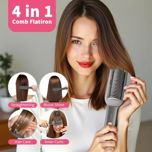 Vista 2 de Cepillo alisador de cabello, cepillo de alisado iónico 2000 para mujeres con 5 temperaturas 20 segundos, calentamiento rápido de doble voltaje
