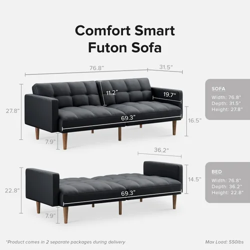 Vista 2 de mopio Sofá cama futón de 76.4 pulgadas, sofá biplaza, sofá cama, sofá futón moderno de mediados de siglo, sofá cámara, sofás para sala de estar