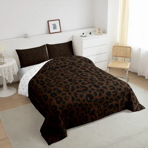 Vista 5 de Manfei Juego de edredón con estampado de leopardo, tamaño individual, juego de ropa de cama con estampado de guepardo marrón y negro, 2 piezas Negro