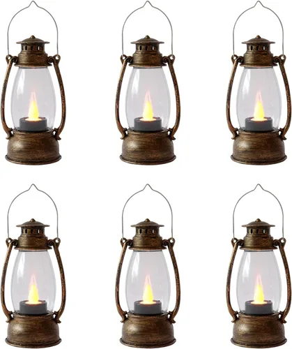 Vista 12 de Mini linternas LED pequeñas de 6 piezas de luces LED doradas decorativas para interiores y exteriores, faroles de vela colgantes para granja, bodas