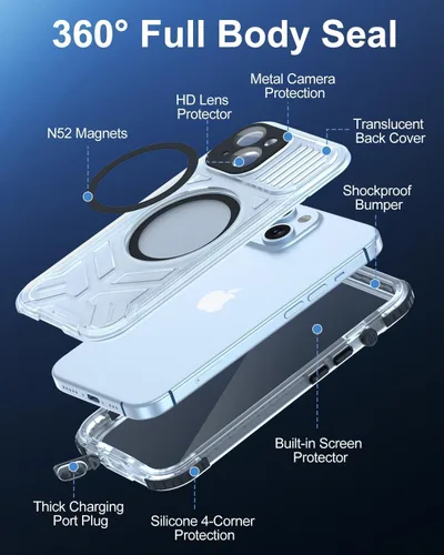 Vista 4 de Funda impermeable para iPhone 15 con Magsafe, protector de pantalla, cordón, IP68 militar de cuerpo completo a prueba de golpes, para deportes
