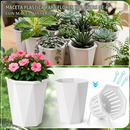 Vista 4 de 24 macetas de riego automático de 4 pulgadas para plantas de Macetas de agua de plástico blanco, maceta pequeña a granel con copa interior, mecha