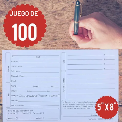 Vista 3 de Tarjetas de aseo para perros (paquete de 100 tarjetas de 8 x 5 pulgadas) para peluqueros profesionales de mascotas y gatos, cuidado de perreras