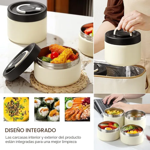 Vista 3 de Paquete de 2 termos para comida caliente, lonchera aislada apilable, caja Bento de acero inoxidable aislada al vacío de boca ancha a prueba de fugas