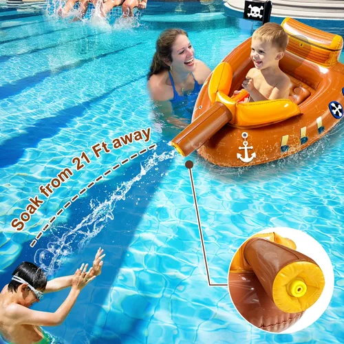 Vista 3 de Flotadores inflables de piscina de barco pirata para niños de 3 a 11 años con cañón de agua, juguetes de piscina, flotadores de fiesta para niños