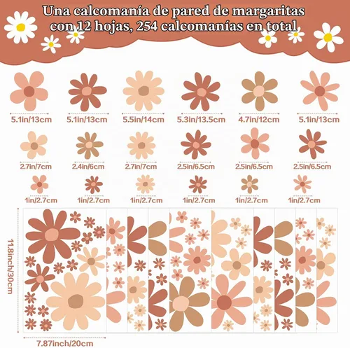 Vista 2 de 12 Hojas de Calcomanías de Margaritas para Pared, Adhesivos de Flores de Estilo Boho, Pegatinas de Pared Lindas para Niñas, Decoración